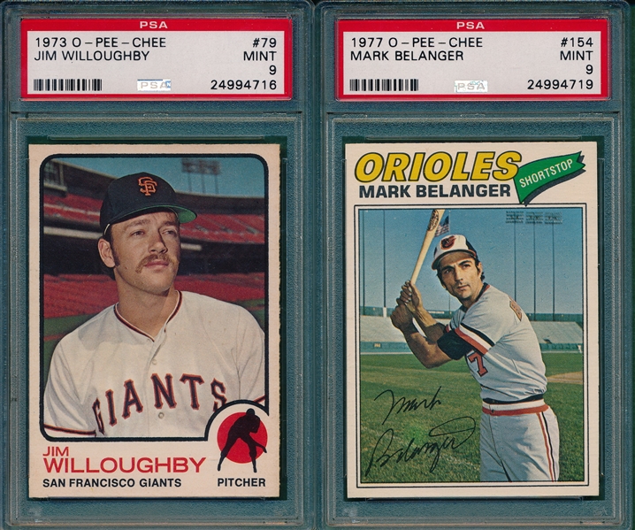 1973 O-Pee-Chee #79 Willoughby & 1977 O-P-Chee #154 Mark Belanger (2) Card Lot PSA 9 *MINT*