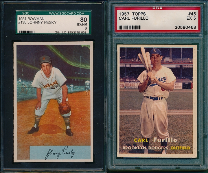 1954 Bowman #135 Pesky SGC 80 & 1957 Topps #45 Furillo PSA 5 (2) Card Lot