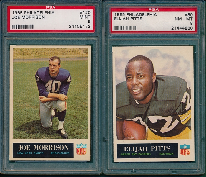 1965 Philadelphia FB #80 Pitts PSA 8 & #120 Morrison PSA 9, (2) Card Lot
