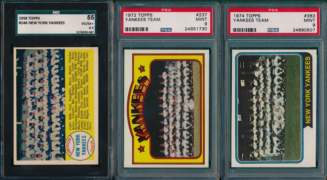 1958, 72 & 74 Topps Yankees Team Cards (3) Card Lot PSA & SGC
