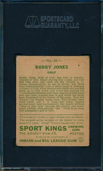 1933 Sports Kings #38 Bobby Jones SGC 20