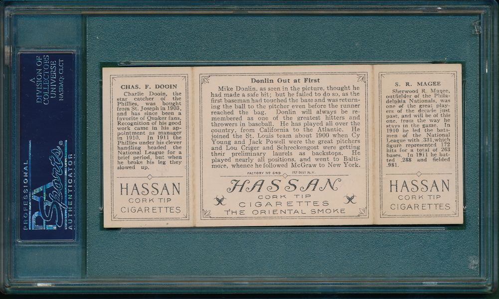1912 T202 Donlin Out at First Dooin/Magee, Hassan Cigarettes Triple Folder PSA 7 MK