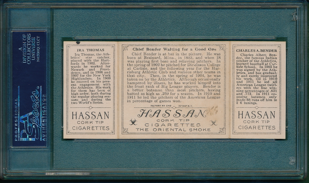 1912 T202 Chief Bender Waiting for a Good One Bender/Thomas, Hassan Cigarettes Triple Folder PSA 7 MK