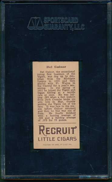 1912 T207 Del Gainor Recruit Little Cigars SGC 84