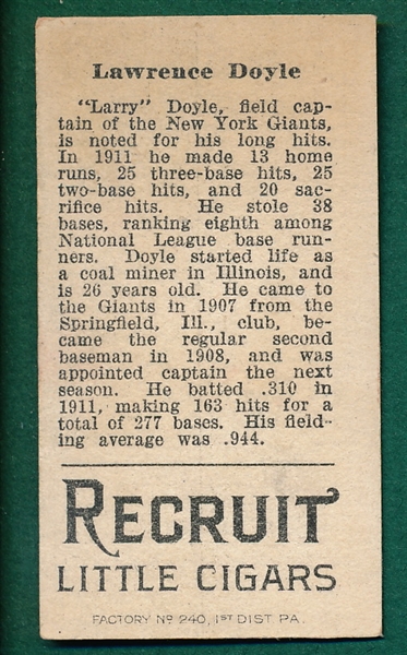 1912 T207 Larry Doyle Recruit Little Cigars 