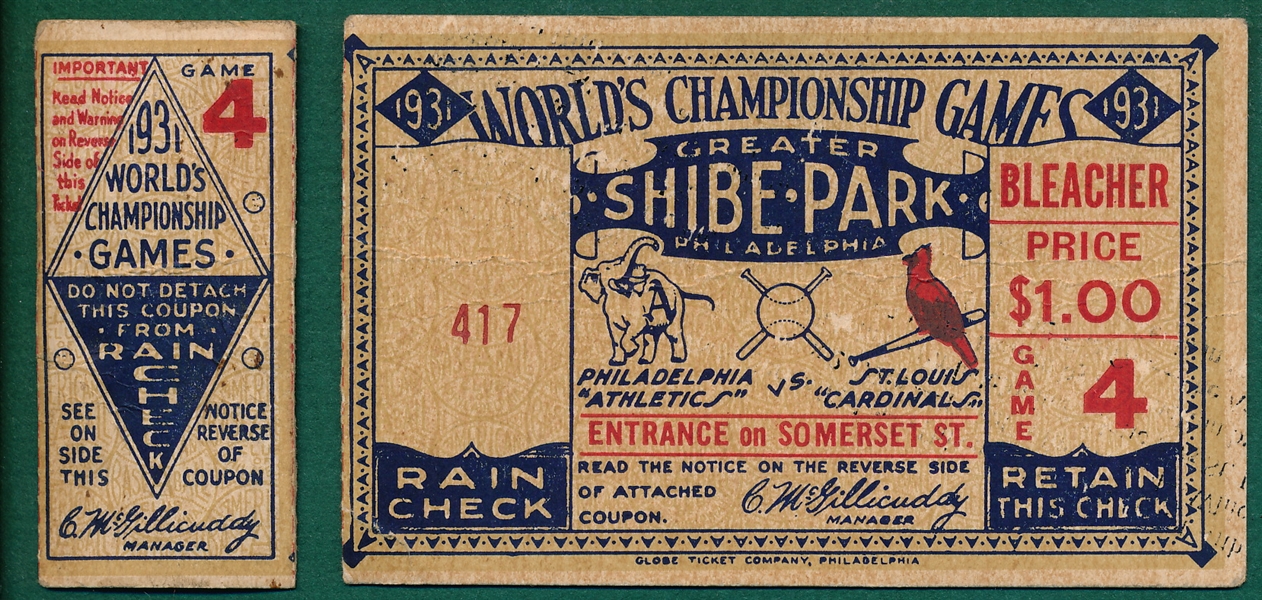 1931 World Series Game 4 Ticket Stub & Rain Check