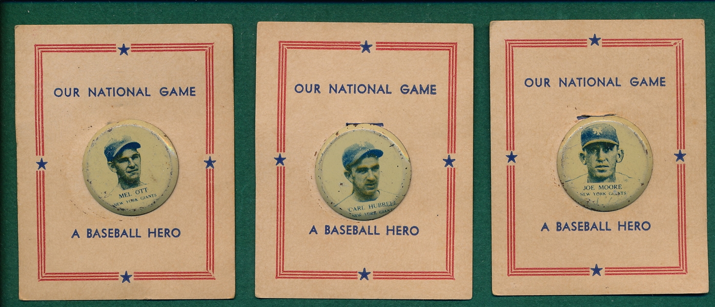 1938 Our National Game Pins Lot of (3) W/ Ott & Hubbell