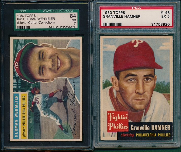 1953-58 Topps Philadelphia Phillies (5) Card Lot PSA/SGC W/ Hamner