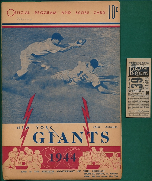 1944 New York Giants Program/Scorecard (2) & Ticket Stubs (2), Lot of (4)