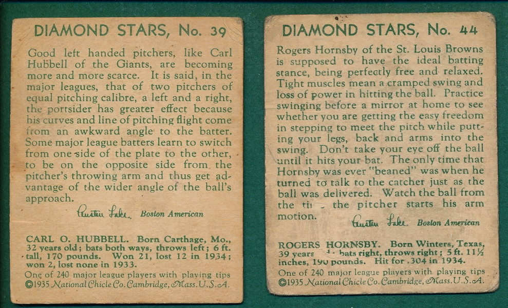 1934-36 Diamond Stars Lot of (11) W/ Hornsby