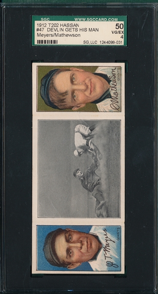 1912 T202 Devlin Gets His Man, Meyers/Mathewson, Hassan Cigarettes Triple Folder SGC 50