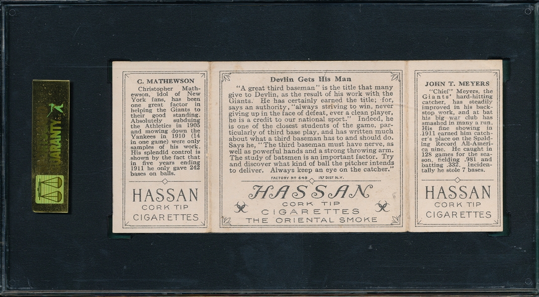 1912 T202 Devlin Gets His Man, Meyers/Mathewson, Hassan Cigarettes Triple Folder SGC 50