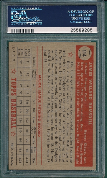 1952 Topps #114 Willard Ramsdell PSA 7