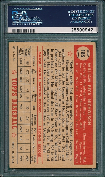 1952 Topps #185 Bill Nicholson PSA 7