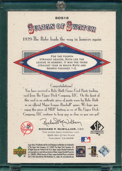2001 SP Authentic Sultan Of Swatch Babe Ruth HOF Pinstripe Patch