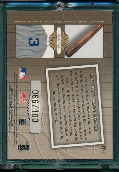 2001 Donruss Classic Combos Babe Ruth Game-Used Bat Game-Worn Jersey
