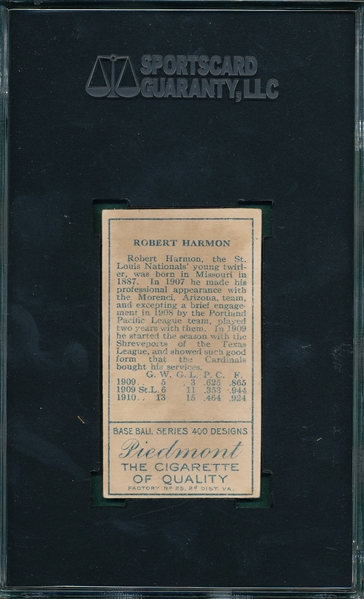 1911 T205 Harmon, One Ear, Piedmont Cigarettes SGC Authentic *SP*