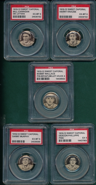 1910-12 P2 Sweet Caporal Pins Lot of (5) W/Wallace PSA 
