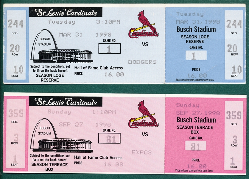 1998 St. Louis Cardinals Full Tickets, Mark McGwire 1st & 70th HRs
