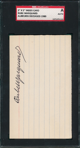 Rube Marquard Autographed Index Card SGC Authentic