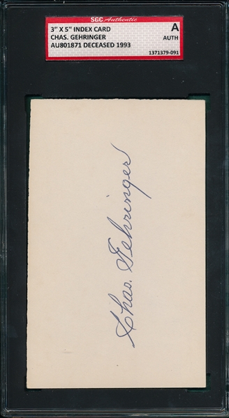 Charley Gehringer Autographed Index Card SGC Authentic