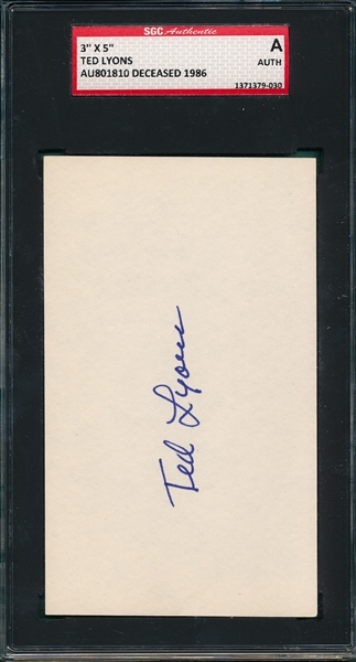 Ted Lyons Autographed Index Card SGC Authentic