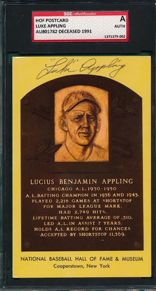 Luke Appling Autographed Hall of Fame Post Card SGC Authentic