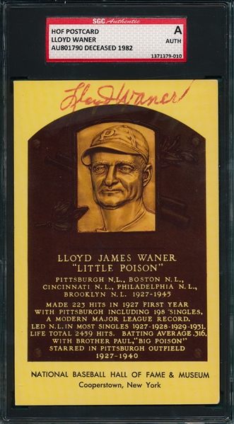 Lloyd Waner Autographed Hall of Fame Post Card SGC Authentic