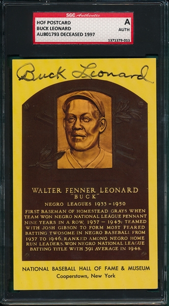 Buck Leonard Autographed Hall of Fame Post Card SGC Authentic