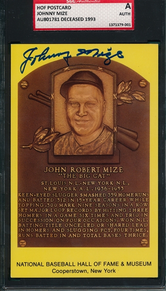 Johnny Mize Autographed Hall of Fame Post Card SGC Authentic