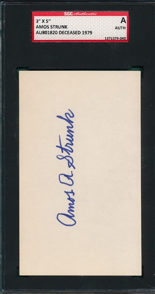 Amos Strunk Autographed Index Card SGC Authentic