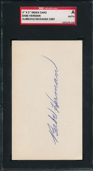 Babe Herman Autographed Index Card SGC Authentic