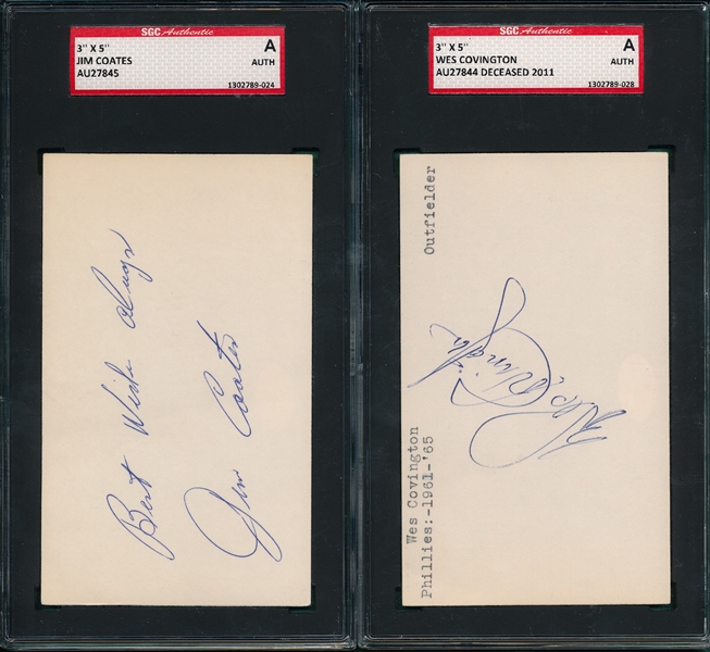 Jim Coates & Wes Covington Lot of (2) Autographed Index Card SGC Authentic