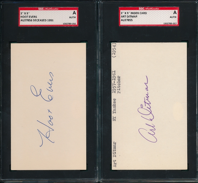 Hoot Evers & Art Ditmar Lot of (2) Autographed Index Card SGC Authentic