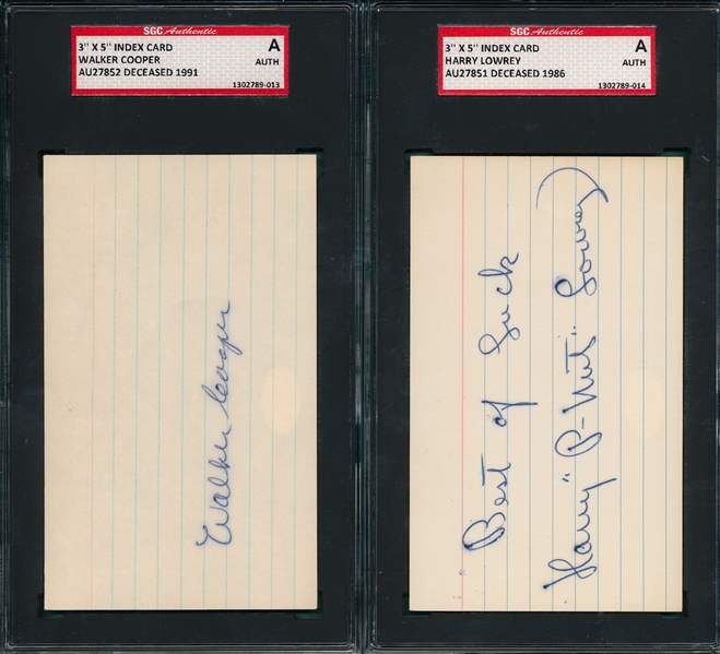 Walker Cooper & Harry Lowrey Lot of (2) Autographed Index Card SGC Authentic