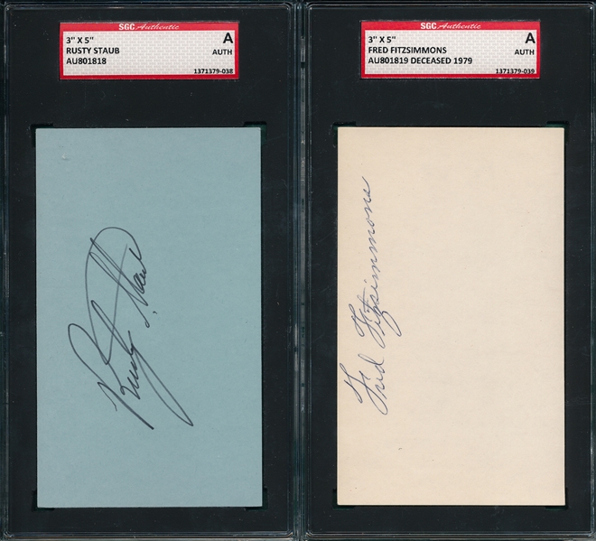 Fred Fitzsimmons & Rusty Staub Lot of (2) Autographed Index Card SGC Authentic