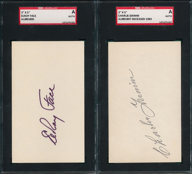 Elroy Face & Charlie Grimm Lot of (2) Autographed Index Card SGC Authentic