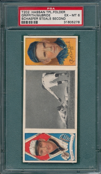 1912 T202 Schaefer Steals Second, McBride/Griffith, Hassan Cigarettes PSA 6