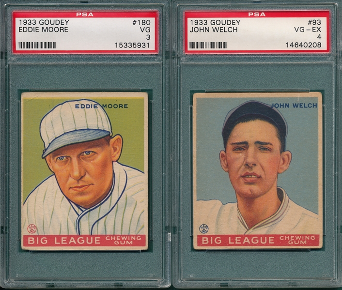 1933 Goudey #93 Welch & #180 Moore (2) Card Lot PSA 