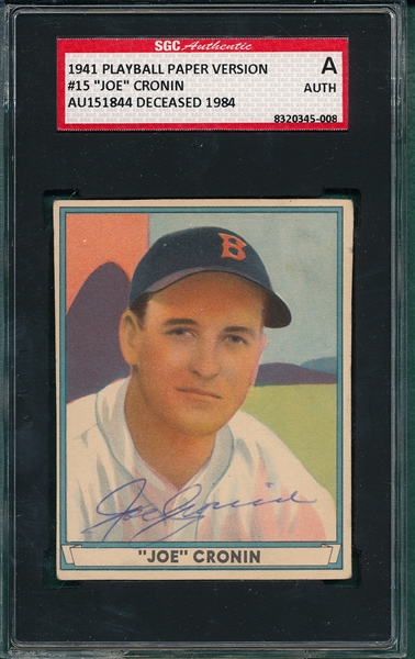 1941 Play Ball #15 Joe Cronin, Autographed, SGC Authentic