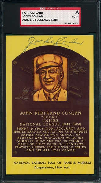 Jock Conlan, Umpire, Autographed Index Card SGC Authentic 
