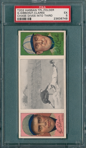 1912 T202 Chase Dives Into Third, Gibson/Clarke, Hassan Cigarettes PSA 5