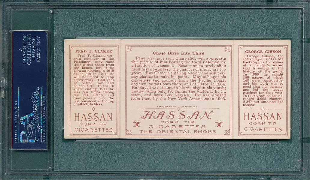 1912 T202 Chase Dives Into Third, Gibson/Clarke, Hassan Cigarettes PSA 5