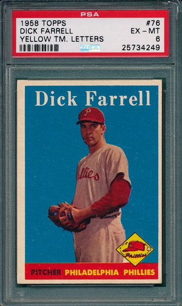1958 Topps #76 Dick Farrell PSA 6 *Yellow Letters*