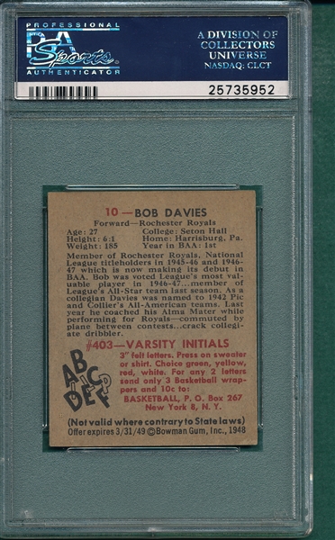 1948 Bowman BSKT #10 Bob Davies PSA 4.5 *Rookie*