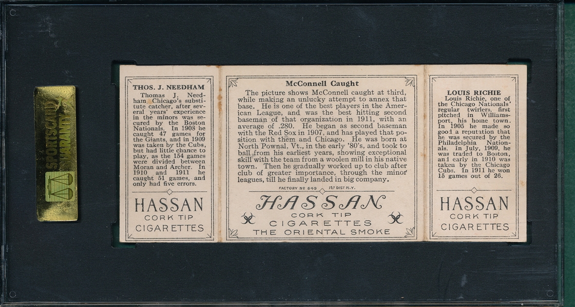 1912 T202 McConnell Caught, Richie/Needham, Hassan Cigarettes SGC 40