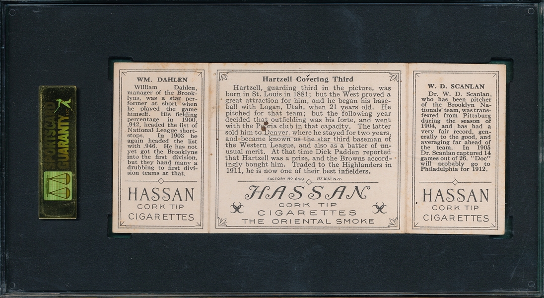 1912 T202 Hartzell Covering Third, Scanlan/Dahlen, Hassan Cigarettes SGC 50