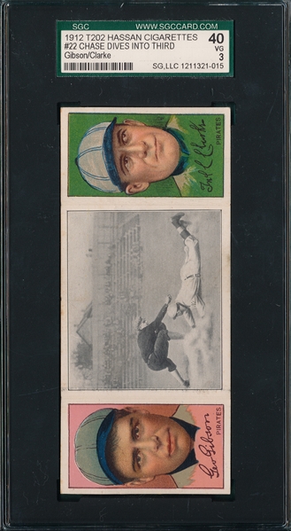1912 T202 Chase Dives Into Third, Gibson/Clarke, Hassan Cigarettes SGC 40