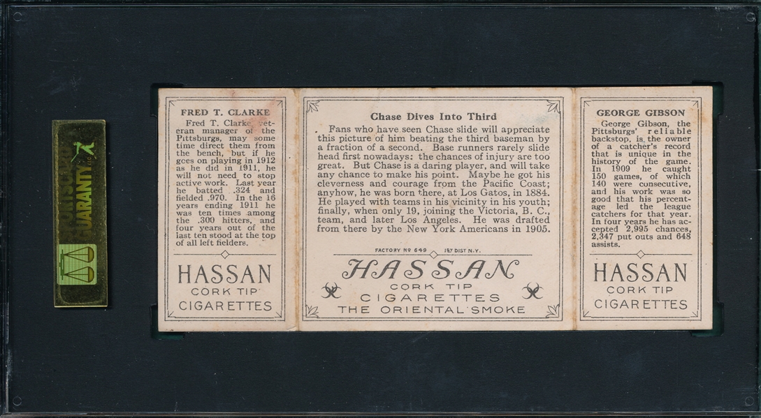 1912 T202 Chase Dives Into Third, Gibson/Clarke, Hassan Cigarettes SGC 40