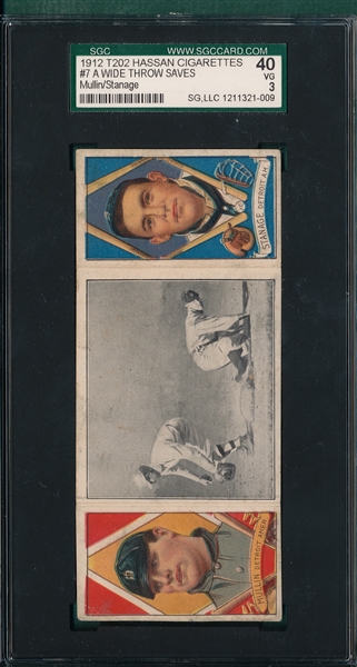 1912 T202 A Wide Throw Saves Crawford, Mullin/Stanage, Hassan Cigarettes SGC 40